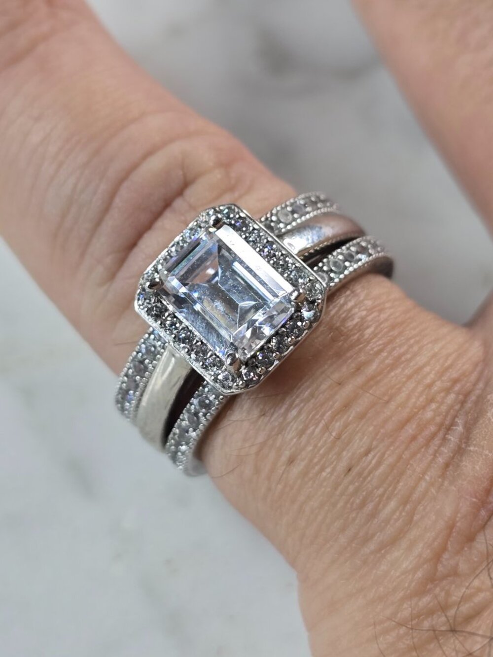Womens Vintage Estate Sterling Silver Modernist CZ Ring Set 7.4g E3241